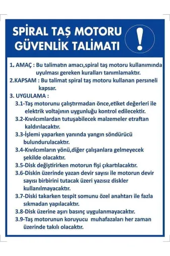 Emek İkaz Levhaları EMEK2094 Spiral Taş Motoru Güvenlik Talimatı Uyarı/ikaz Levhası