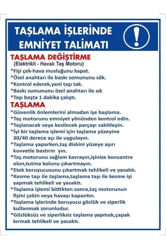 Emek İkaz Levhaları EMEK2102 Taşlama Işlerinde Emniyet Talimatı Uyarı/ikaz Levhası