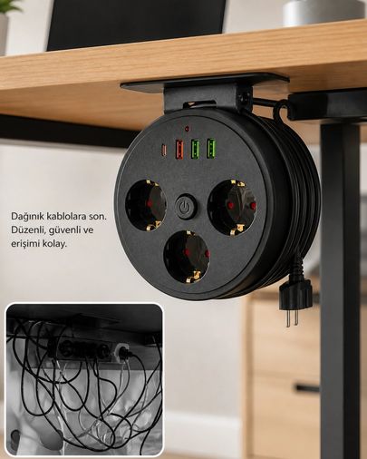 Epilons 25DYMUCZZZSARGILIAKIMKORUMA3395-3 Akım Korumalı Priz Usb Ve Type C Girişli 3Lü Priz 2 Metre Kablo Dayanıklı 1