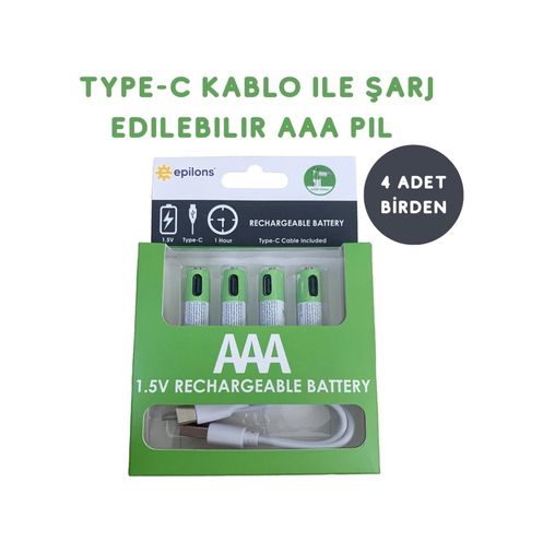 Epilons epo10039 Usb Type-C Şarjlı 4 Adet Aaa 1.5V Lityum Kalem Pil 750Mah Uzun Ömürlü