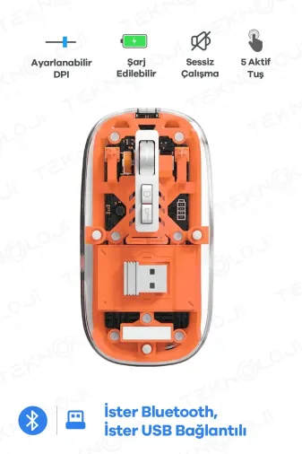 Epilons P109148S3227 Bluetooth Usb Çift Modlu Sessiz Mouse, Şeffaf Mıknatıslı Kapaklı, Type-C Şarjlı, Dpi Ayarlı, Kablosu