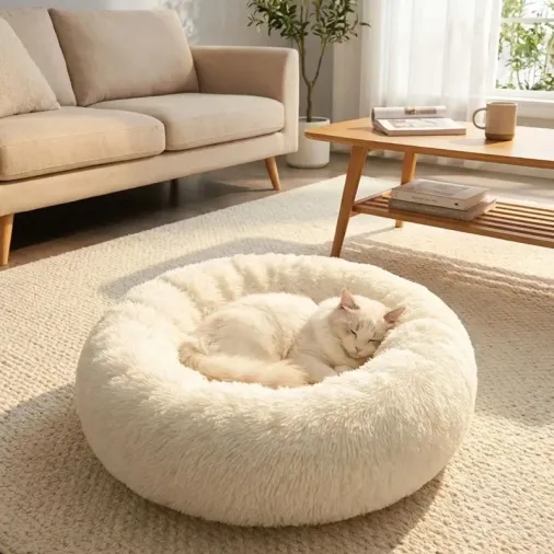 Ergonomik Yuvarlak Kaymaz Taban Peluş Pet Yatağı Krem Renk