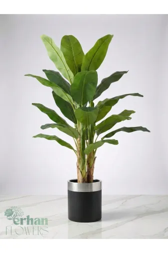 ERHAN FLOWERS ÇİÇEK & DEKORASYON ypy.agç.00048 Yapay Muz Ağacı 3 Gövdeli 21 Yaprak Siyah Gümüş Metal Saksı 200 Cm