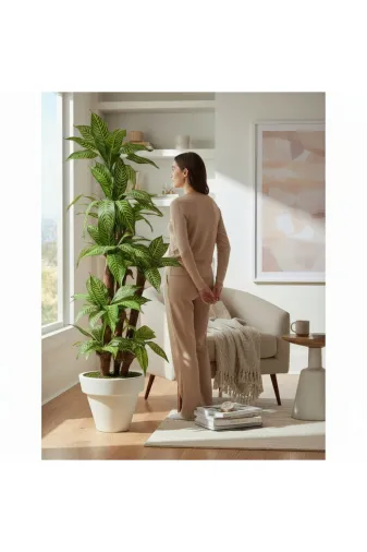 ERHAN FLOWERS ERH-A-1261 Yapay Dracaena 180 Cm - 3 Gövdeli Zebra Desenli Yapay Ağaç Beyaz Plastik Saksı