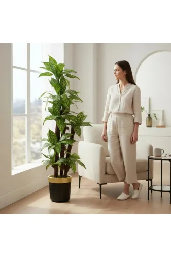 ERHAN FLOWERS ERH-A-1261 Yapay Dracaena 180 Cm - 3 Gövdeli Zebra Desenli Yapay Ağaç Siyah Gold Saksı