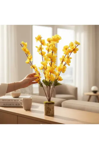 ERHAN FLOWERS ERH-C-MB-1000 Doğal Kütük Saksıda Yapay Beyaz Bahar Dalı Aranjmanı (Sari)