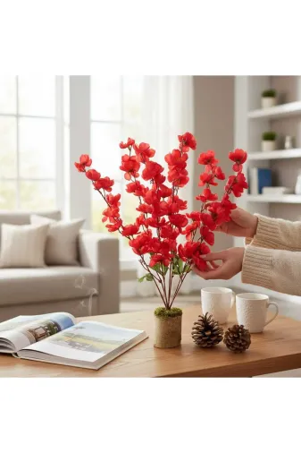 ERHAN FLOWERS ERH-C-MB-1000 Doğal Kütük Saksıda Yapay Beyaz Bahar Dalı Aranjmanı (Kirmizi)