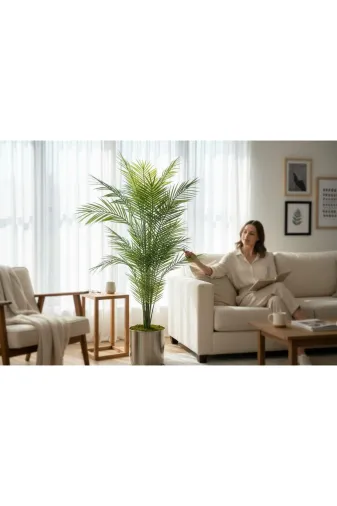 ERHAN FLOWERS erh.1585 Yapay Areka Ağacı Palmiye Ağacı Salon Bitkisi Yapay Areka 130 Cm 20 Yaprak Metal Gümüş Saksı
