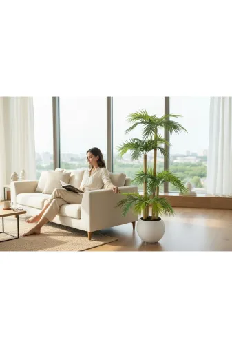 ERHAN FLOWERS erh.1672 Yapay Palmiye Ağacı Bambu 4 Gövdeli 36 Yaprak 145 Cm Beyaz Küre Saksılı