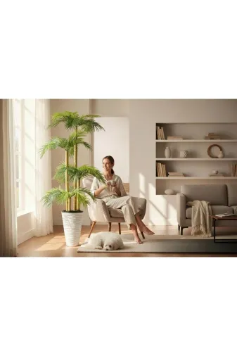 ERHAN FLOWERS erh.1673 Yapay Palmiye Ağacı Bambu 4 Gövdeli 36 Yaprak 145 Cm Kumsal Plastik Saksılı