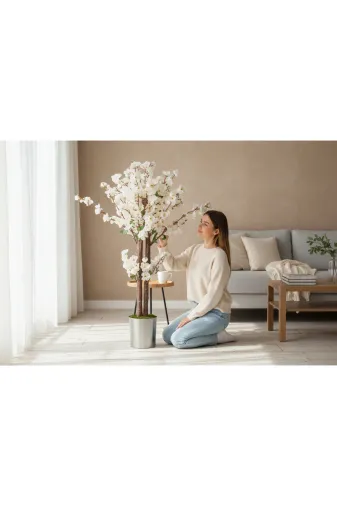 ERHAN FLOWERS erh.2142 Yapay Salon Çiçegi Yapay Ağaç Beyaz Bahar Dalı 140 Cm Metal Saksı