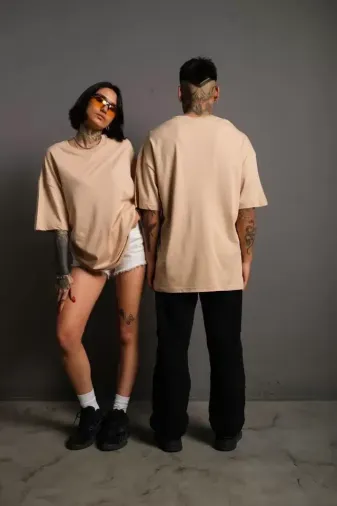 Erkek 24/1 Düz A Kalite Oversize T-shirt - Bej - XL - Bej