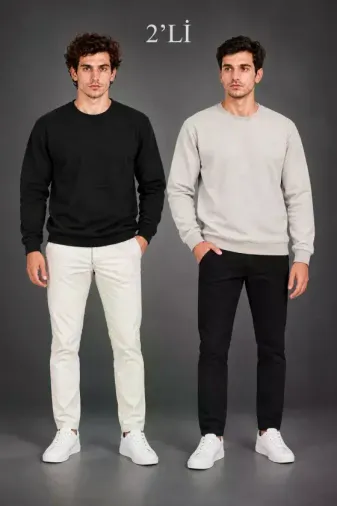 Erkek 2Li Bisiklet Yaka İçi Şardonlu 2 İplik Düz Uzun Kollu Regular Fit Sweatshirt - Siyah - Gri - S - Çok Renkli
