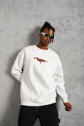 Erkek 3 İplik Gangster Baskılı Sweatshirt - Beyaz - S - Beyaz