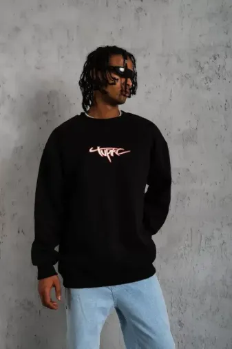 Erkek 3 İplik Gangster Baskılı Sweatshirt - Siyah - XL - Siyah