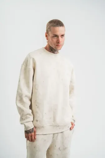 Erkek 3 İplik Pamuklu Yağ Yıkamalı Sweatshirt Double Oversize Bisiklet Yaka Uzun Kol - Krem - S - Krem
