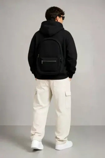 Erkek 3 İplik Şardonlu Tam Fermuarlı Kapüşonlu Arka Çanta Detaylı Sweatshirt - Siyah - M - Siyah