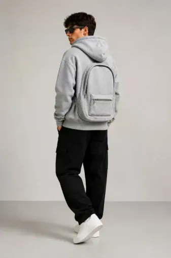 Erkek 3 İplik Şardonlu Tam Fermuarlı Kapüşonlu Arka Çanta Detaylı Sweatshirt - Gri - XL - Gri
