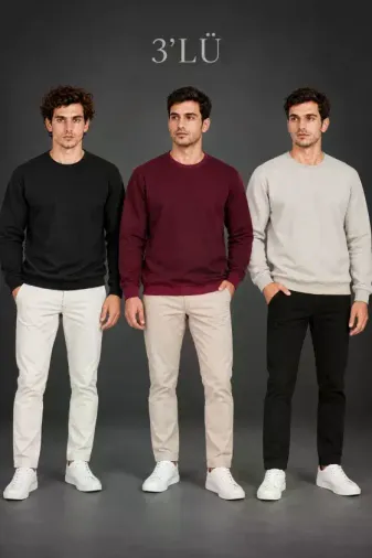 Erkek 3Lü Bisiklet Yaka İçi Şardonlu 2 İplik Düz Uzun Kollu Regular Fit Sweatshirt - Siyah - Bordo - Gri - 2XL - Çok Renkli