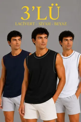 Erkek 3’lü Kolsuz Sporcu Atlet Seti Yazlık Bisiklet Yaka - Siyah, Lacivert, Beyaz - M - Çok Renkli