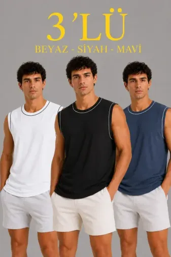 Erkek 3’lü Kolsuz Sporcu Atlet Seti Yazlık Bisiklet Yaka - Siyah, Beyaz, İndigo - L - Çok Renkli