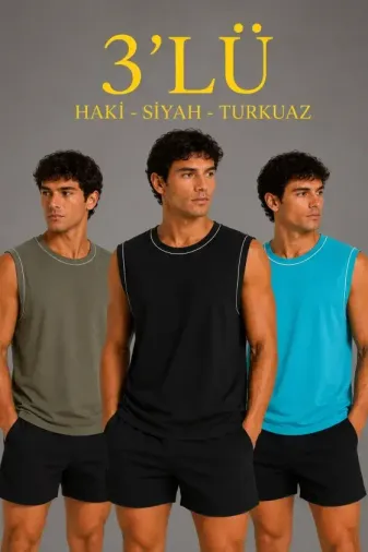 Erkek 3’lü Kolsuz Sporcu Atlet Seti Yazlık Bisiklet Yaka - Siyah, Haki, Açık Mavi - XL - Çok Renkli
