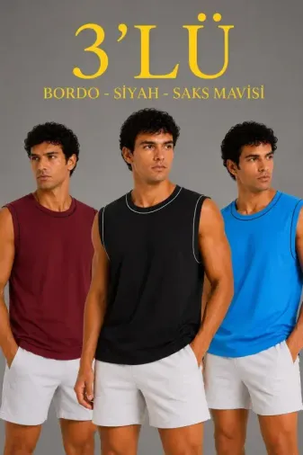 Erkek 3’lü Kolsuz Sporcu Atlet Seti Yazlık Bisiklet Yaka - Siyah, Bordo, Turkuaz - M - Çok Renkli