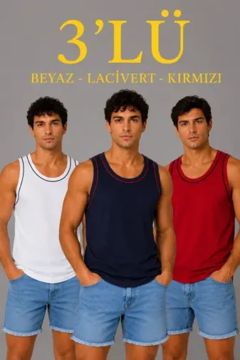 Erkek 3’lü Kolsuz Sporcu Atlet Seti Yazlık Bisiklet Yakalı - Lacivert, Kırmızı, Beyaz - L - Çok Renkli