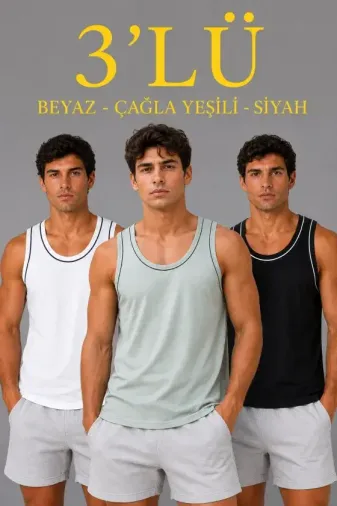 Erkek 3’lü Kolsuz Sporcu Atlet Seti Yazlık Bisiklet Yakalı - Mint Yeşili, Siyah, Beyaz - S - Çok Renkli
