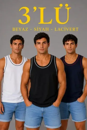 Erkek 3’lü Kolsuz Sporcu Atlet Seti Yazlık Bisiklet Yakalı - Siyah, Lacivert, Beyaz - 2XL - Çok Renkli