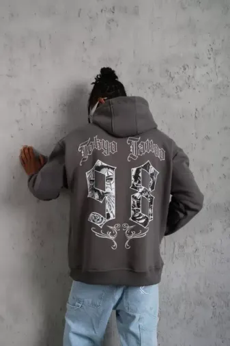 Erkek 98 Baskılı Kapşonlu Sweat - Gri - L - Gri