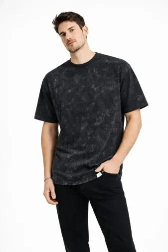 Erkek Asit Yıkama Bisiklet Yaka Kısa Kollu Oversize T-Shirt Tişört - Siyah - 2XL - Siyah
