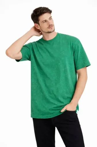 Erkek Asit Yıkama Bisiklet Yaka Kısa Kollu Oversize T-Shirt Tişört - Yeşil - 2XL - Yeşil