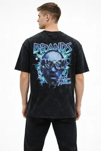 Erkek Asit Yıkamalı Oversize Tişört Future Worlds Baskılı Bisiklet Yaka Kısa Kollu Streetwear %100 Pamuk Street Style T-Shirt - Siyah - L - Siyah