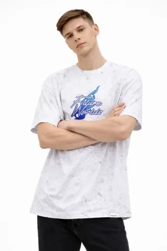 Erkek Asit Yıkamalı Oversize Tişört Future Worlds Baskılı Bisiklet Yaka Kısa Kollu Streetwear %100 Pamuk Street Style T-Shirt - Beyaz - L - Beyaz