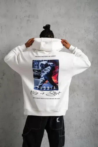 Erkek Astronot Baskılı Kapüşonlu Sweat - Beyaz - XL - Beyaz