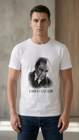 Erkek Atatürk Baskılı Tişört Kısa Kollu Bisiklet Yaka T-Shirt - Beyaz - XS - Beyaz