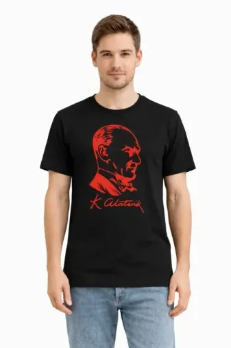 Erkek Atatürk Baskılı Tişört Kısa Kollu Bisiklet Yaka T-Shirt - Siyah - L - Siyah