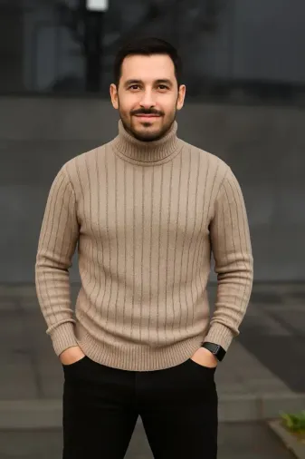 Erkek Balıkcı Yaka Bağazlı Triko Kazak Pamuklu Kalın Fitilli Dokuma, Regular Fit Uzun Kollu Kışlık Model - Bej - 2XL - Bej
