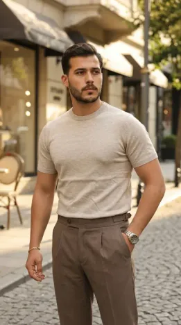Erkek Basic Bisiklet Yaka Kısa Kollu Triko Tişört - %100 Pamuk Akrilik - 2XL - Bej