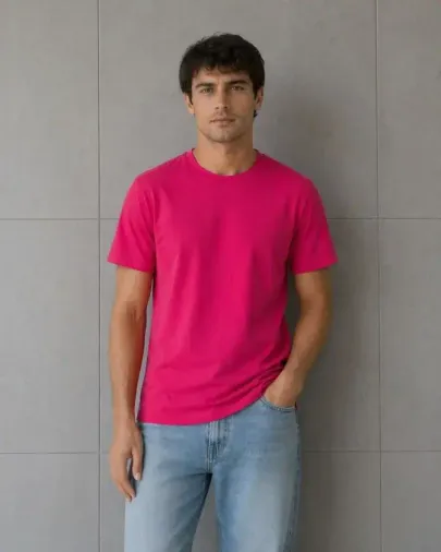 Erkek Basic Pamuklu Tişört Bisiklet Yaka Düz Renk Regular Fit T-Shirt - Fuşya - S - Fuşya