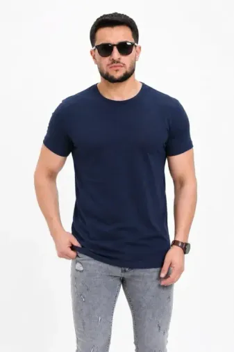 Erkek Basic Tişört Bisiklet Yaka Kısa Kol Günlük Yazlık Slim Fit T-Shirt - Lacivert - M - Lacivert