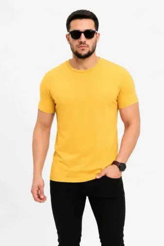 Erkek Basic Tişört Bisiklet Yaka Kısa Kol Günlük Yazlık Slim Fit T-Shirt - Sarı - M - Sarı