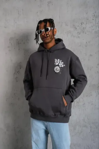 Erkek Baskılı Kapşonlu Sweat - Füme - L - Füme