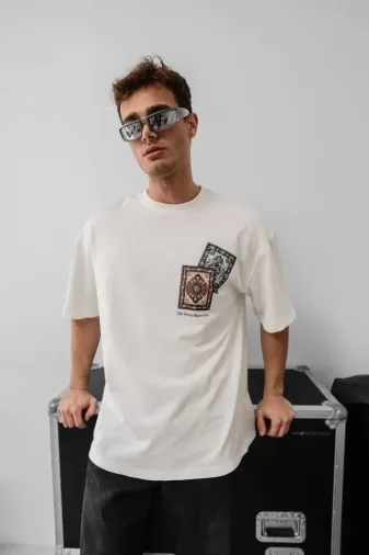 Erkek Baskılı Oversize T-shirt - Beyaz - M - Beyaz