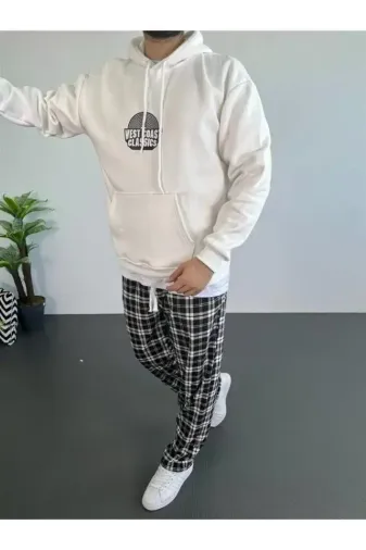 Erkek Baskılı Üç İplik Kapüşonlu Oversize Sweatshirt - Beyaz - M - Beyaz
