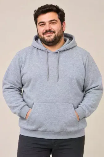 Erkek Battal Büyük Beden Üç İplik İçi Şardonlu Kapüşonlu Kanguru Cepli Kışlık Sweatshirt - Gri - 6XL - Gri