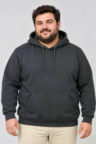 Erkek Battal Büyük Beden Üç İplik İçi Şardonlu Kapüşonlu Kanguru Cepli Kışlık Sweatshirt - Füme - 2XL - Füme