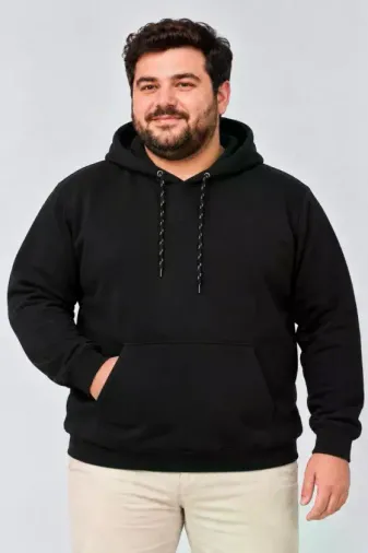 Erkek Battal Büyük Beden Üç İplik İçi Şardonlu Kapüşonlu Kanguru Cepli Kışlık Sweatshirt - Siyah - 3XL - Siyah