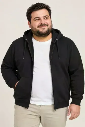 Erkek Battal Büyük Beden Üç İplik İçi Şardonlu Kapüşonlu Tam Fermuarlı Kışlık Sweatshirt - Siyah - 4XL - Siyah